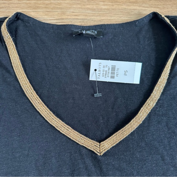Talbots Womens Top Linen Gold Bead Trim Tee‎ Black Short Sleeve Petite Small NEW - Picture 6 of 7